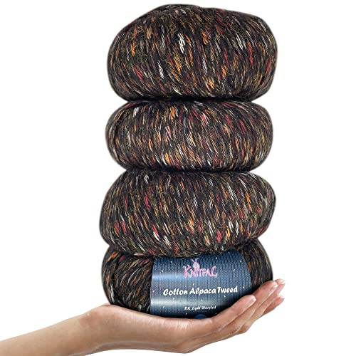 Baumwoll-Alpaka-Tweed, 3 DK, leichtes Kammgarn, 4er-Pack (536 m/200 g), superweiche, flauschige Mischung zum Stricken und Häkeln von Mützen, Schals, Kleidungsstücken, Decken (Schwarz Anthrazit) von KnitPal