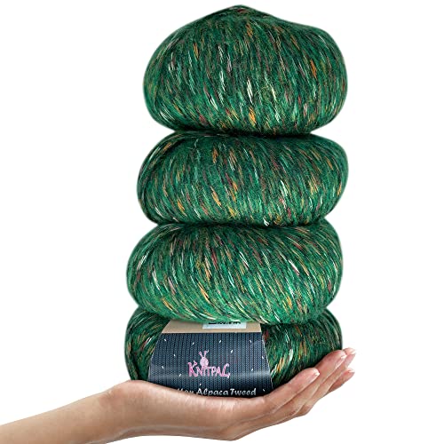 KnitPal Baumwoll-Alpaka-Tweed, 3 DK, leichtes Kammgarn, 4 Stück (200 g), superweiche, flauschige, mehrfarbige Mischung zum Stricken und Häkeln von Hüten, Schals, Kleidungsstücken, Decken (Smaragdgrün) von KnitPal