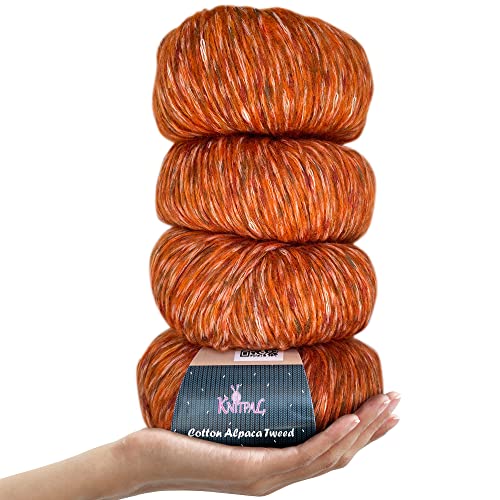 KnitPal Baumwoll-Alpaka-Tweed, 3 DK, leichtes Kammgarn, 4 Stück (200 g), superweiche, flauschige Mischung zum Stricken und Häkeln von Hüten, Schals, Kleidungsstücken, Decken (orangefarbener Kürbis) von KnitPal