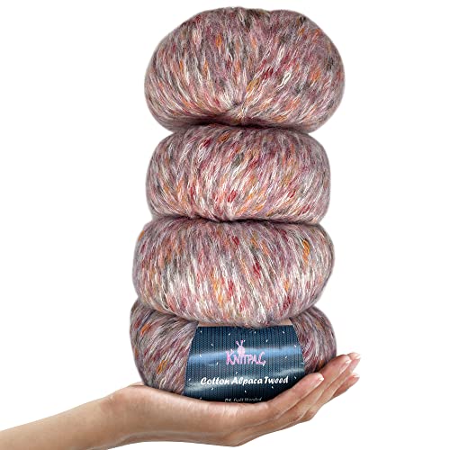 KnitPal Baumwoll-Alpaka-Tweed, 3 DK, leichtes Kammgarn, 4 Stück (200 g), superweiche, flauschige Mischung zum Stricken und Häkeln von Hüten, Schals, Kleidungsstücken, Decken (weißer Herbst) von KnitPal