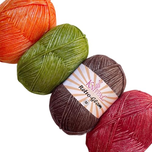 Retro-Glam Metallic-Garn, super weiches und glänzendes Acryl zum Stricken und Häkeln, sortiertes mehrfarbiges Set, Großgröße 4 Knäuel, 400 g, 3 DK Gewicht/leichtes Kammgarn (Herbstpackung) von KnitPal