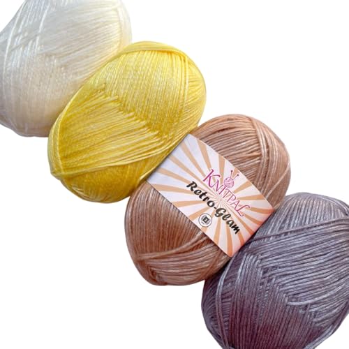 Retro-Glam Metallic-Garn, verschiedene Farben, super weich und glänzend zum Stricken und Häkeln, Großgröße 4 Knäuel, 400 g, 3 DK Gewicht (Golden Sunshine) von KnitPal