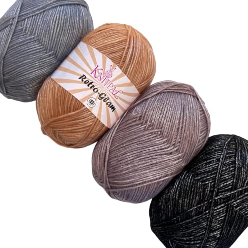 Retro-Glam Metallic Glänzendes Garn, verschiedene Farben, Variety Pack, super weich und glänzend zum Basteln, Großgröße 4 Knäuel, 400 g, 3 DK Gewicht/leichtes Kammgarn (Silber und Gold) von KnitPal