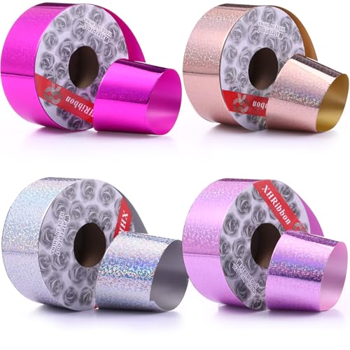 Knitgrip 4 Rollen glänzendes, wasserdichtes Band, 5,1 cm x 45,7 m, gewelltes Kunststoffband für Geschenke, Paketverpackungen, Schleifen, Festival, Handwerk, Party-Dekoration (lila, rosa, rotgold von Knitgrip