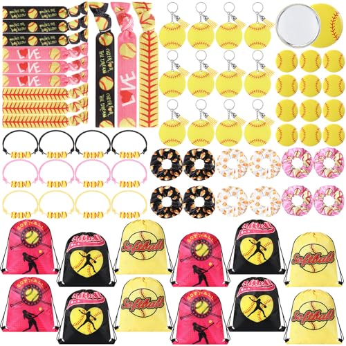 Knitgrip Softball-Partyzubehör, Softball-Zubehör, inklusive Spiegel, Kordelzugbeutel, Quasten-Schlüsselanhänger, Haarbänder, Armbänder, Bänder, 72 Stück von Knitgrip
