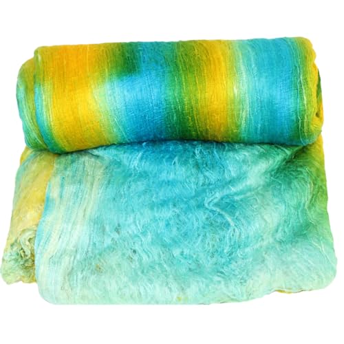 Knitsilk Hochwertige Maulbeerseide der Güteklasse A: handgefärbte aquablaue und gelbe Fasern zum Nadelfilzen, Nassfilzen, Spinnen, Stricken und Nähen, 200 g Maulbeerkokonblatt und Seidenfilamentblatt von Knitsilk
