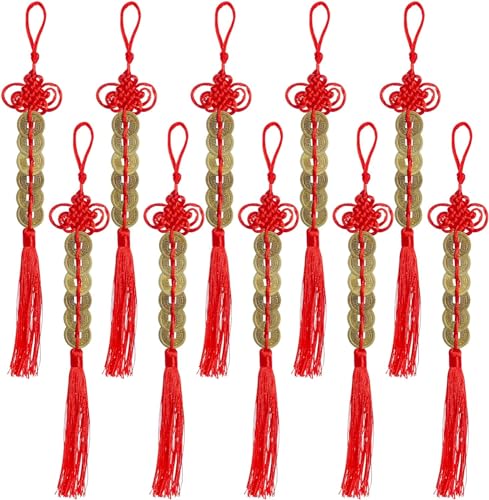 10 Stücke Chinesischer Knoten Rote Schnur Feng Shui Charm Vintage I-Ching Glücksmünze Neujahrsdekorationen Auto Hängende Dekoration Chinesisches Amulett für Familie und Freunde für Gesundheit und von KnoRRs