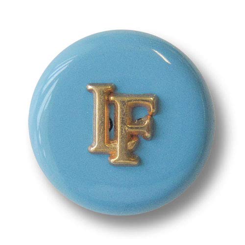 Knopfparadies - 5er Set elegante hellblaue Designerknöpfe mit goldenen Buchstaben "LF". Ø: ca. 20mm. von Knopfparadies