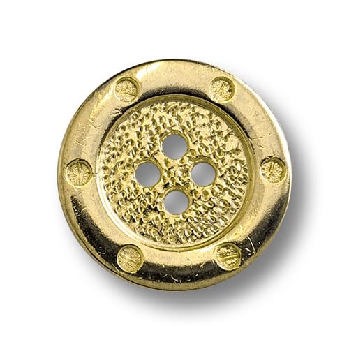 Knopfparadies - 5er Set glänzend goldfarbene Metallknöpfe mit vier Knopflöchern und Rand mit Schraubendesign. Ø: ca. 20mm! von Knopfparadies