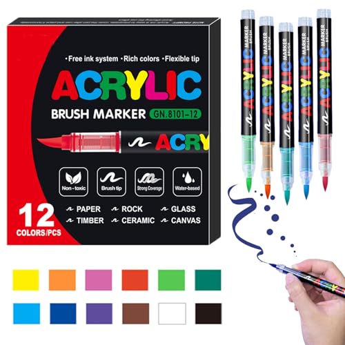 60 Colours Straight Liquid Acrylic Marker, Flexible Tips Acrylic Marker Pens, Rich Colors DIY Pen Kit, Water Based Acrylic Pens Set for Painting Wood Stone Glass Fabric Canvas Paper Eggs (12Color) von Knubbuf