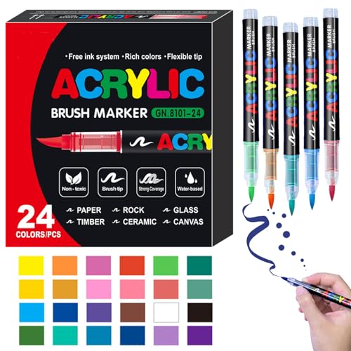 60 Colours Straight Liquid Acrylic Marker, Flexible Tips Acrylic Marker Pens, Rich Colors DIY Pen Kit, Water Based Acrylic Pens Set for Painting Wood Stone Glass Fabric Canvas Paper Eggs (24Color) von Knubbuf