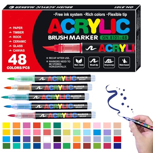 60 Colours Straight Liquid Acrylic Marker, Flexible Tips Acrylic Marker Pens, Rich Colors DIY Pen Kit, Water Based Acrylic Pens Set for Painting Wood Stone Glass Fabric Canvas Paper Eggs (48Color) von Knubbuf