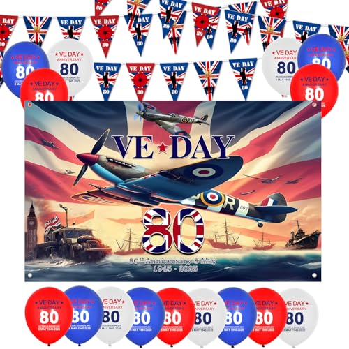 49-teiliges VE-Tag-Dekorationsset, 2025 VE-Tag-Banner, 30 Wimpelketten, 18 Luftballons für Garten, Innen- und Außenbereich, Party-Dekoration (buntes Flugzeug) von KoMico