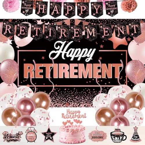 Party-Dekorationen "Happy Retirement" – inklusive "Happy Retirement"-Banner-Hintergrund, Banner, Ruhestandsposter, 8 hängende Wirbel, 6 Papier-Poms, 18 Luftballons und einen großen Kuchenaufsatz Party-Dekorationen "Happy Retirement" – inklusive "Happy Retirement"-Banner-Hintergrund, Banner, Ruhestandsposter, 8 hängende Wirbel, 6 Papier-Poms, 18 Luftballons und einen großen Kuchenaufsatz von KoMico