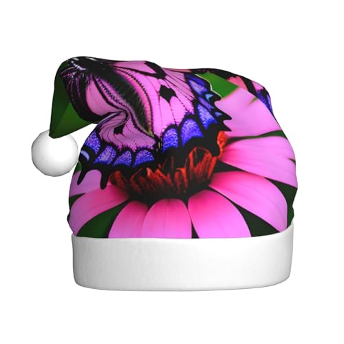 KoNsev Weihnachtsmütze, Weihnachtsmannmütze, für Erwachsene, lustige Hüte für Erwachsene, Party-Kostüm, rosa Blume, violetter Schmetterlingsdruck von KoNsev