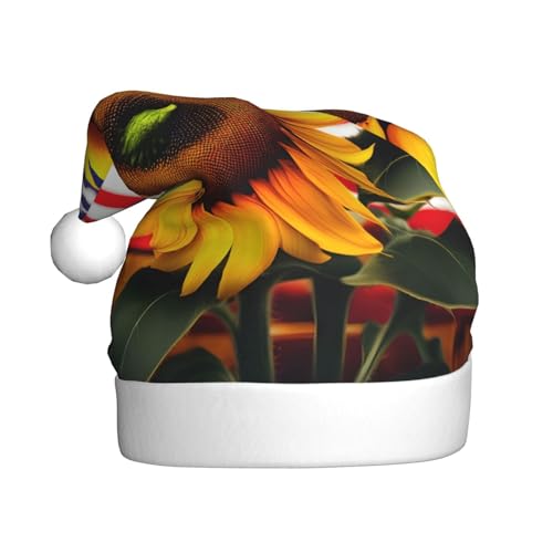 KoNsev Weihnachtsmütze, Weihnachtsmannmütze für Erwachsene, lustige Hüte für Erwachsene, Party-Kostüm, Sonnenblumen- und amerikanische Flaggenaufdruck von KoNsev