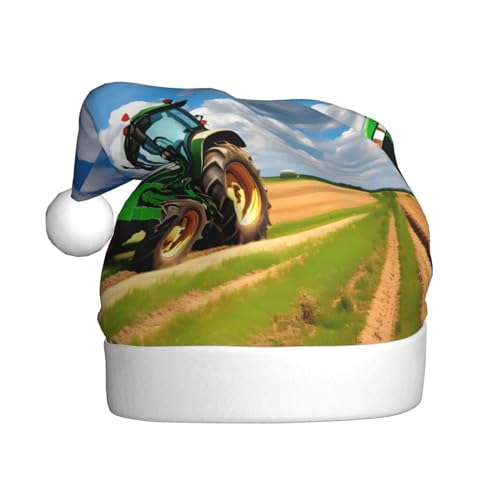 KoNsev Weihnachtsmütze, Weihnachtsmannmütze für Erwachsene, lustige Hüte für Erwachsene, Party-Kostüm, Traktor unter blauem Himmel und weißen Wolken von KoNsev