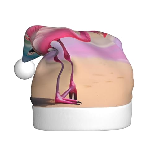 KoNsev Weihnachtsmütze, Weihnachtsmannmütze für Erwachsene, lustige Hüte für Erwachsene, Party-Kostüm, ein rosa Flamingo auf Stranddruck von KoNsev