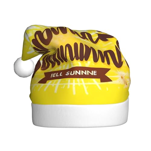 KoNsev Weihnachtsmütze, Weihnachtsmannmütze für Erwachsene, lustige Hüte für Erwachsene, Party-Kostüm, gelber Hintergrund mit Hello Sunshine Print von KoNsev