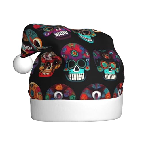 KoNsev Weihnachtsmütze, Weihnachtsmannmütze für Erwachsene, lustige Hüte für Erwachsene, Party-Kostüm, mexikanischer Totenkopf-Druck von KoNsev