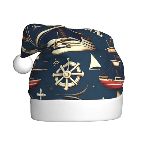 KoNsev Weihnachtsmütze, Weihnachtsmannmütze für Erwachsene, lustige Hüte für Erwachsene, Party-Kostüm, nautisches Segel-Piraten-Themen-Druck von KoNsev