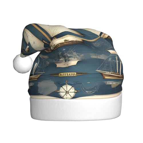 KoNsev Weihnachtsmütze, Weihnachtsmannmütze für Erwachsene, lustige Hüte für Erwachsene, Party-Kostüm, nautisches Segelboot-Karten-Druck von KoNsev