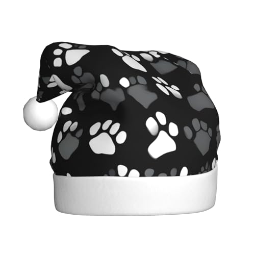 KoNsev Weihnachtsmütze, Weihnachtsmannmütze für Erwachsene, lustige Hüte für Erwachsene, Party-Kostüm, schwarz und weiß, Pfotenabdruck-Aufdruck von KoNsev
