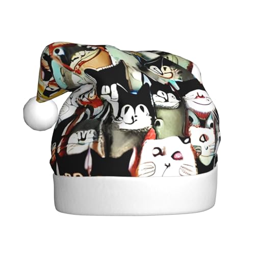 KoNsev Weihnachtsmütze für Erwachsene, Weihnachtsmannmütze, lustige Hüte für Erwachsene, Party-Kostüm, viele Cartoon-Katzen-Aufdruck von KoNsev