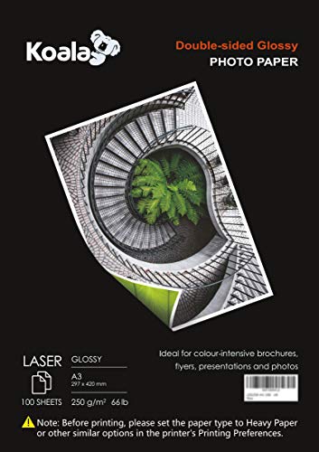 KOALA Fotopapier für Laserdrucker, Doppelseitig, Glänzend, A3, 250 g/m², 100 Blatt. Geeignet zum Drucken von Fotos, Zertifikaten, Broschüren, Flyern, Faltblättern, Grußkarten, Kalendern, Kunst KOALA Fotopapier für Laserdrucker, Doppelseitig, Glänzend, A3, 250 g/m², 100 Blatt. Geeignet zum Drucken von Fotos, Zertifikaten, Broschüren, Flyern, Faltblättern, Grußkarten, Kalendern, Kunst von Koala