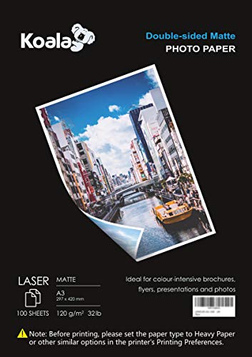 KOALA Fotopapier für Laserdrucker, Doppelseitig, Matt, A3, 120 g/m², 100 Blatt. Geeignet zum Drucken von Fotos, Zertifikaten, Broschüren, Flyern, Faltblättern, Grußkarten, Kalendern, Kunst KOALA Fotopapier für Laserdrucker, Doppelseitig, Matt, A3, 120 g/m², 100 Blatt. Geeignet zum Drucken von Fotos, Zertifikaten, Broschüren, Flyern, Faltblättern, Grußkarten, Kalendern, Kunst von Koala