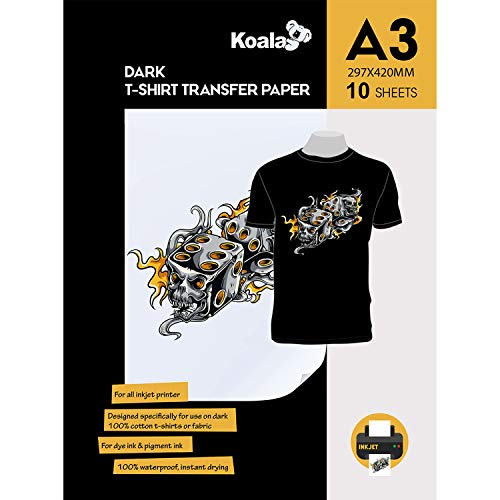 KOALA Inkjet Transferpapier zum Aufbügeln für Dunkle T-Shirt/Textilien, DIN A3, 10 Blatt. Für Tintenstrahldrucker von Koala