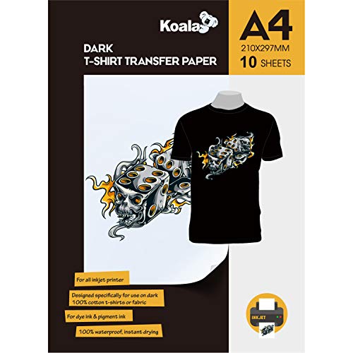 KOALA Inkjet Transferpapier zum Aufbügeln für Dunkle T-Shirt/Textilien, DIN A4, 10 Blatt. Für Tintenstrahldrucker von Koala