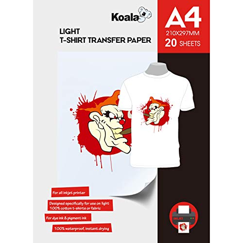 KOALA Inkjet Transferpapier zum Aufbügeln für helles und weißes T-Shirt/Textilien, DIN A4, 20 Blatt. Für Tintenstrahldrucker von Koala