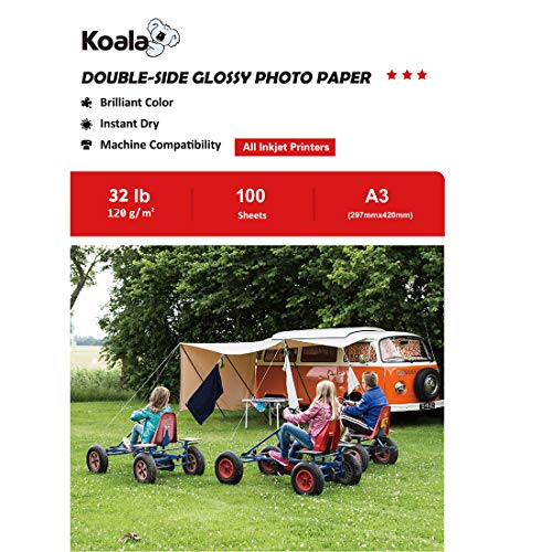 Koala Fotopapier für Tintenstrahldrucker, Doppelseitig, Glänzend, A3, 120 g/m², 100 Blatt. Geeignet zum Drucken von Fotos, Zertifikaten, Broschüren, Flyern, Faltblättern, Grußkarten, Kalendern, Kunst von Koala