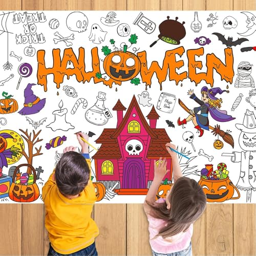 Halloween Ausmal-Tischdecke, Großes Spukhaus Design mit Kürbissen und Geistern, 75x130 cm, Orange und Pink von Koboko
