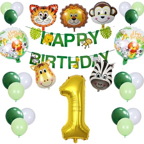 KOBOKO 1 Geburtstag waldtiere geburtstag deko,geburtstagsdeko 1 jahr junge/Mädchen,dschungel geburtstag dekoration,safari geburtstagsdeko,mit Happy Birthday Banner, Folienballon, Luftballon von Koboko