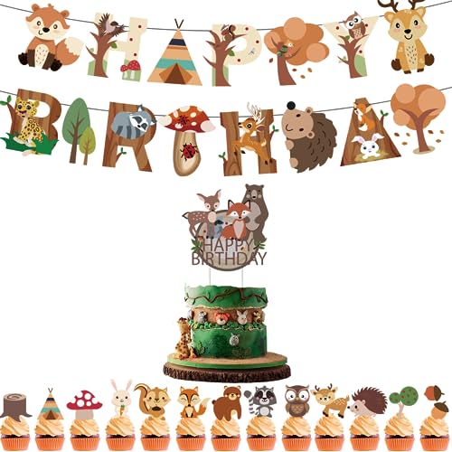 KOBOKO 15 Stücke Waldtiere Geburtstag Deko,Happy Birthday Girlande,Birthday Decorations,Geeignet für Kindergeburtstag, Potluck, Geburtstagsfeier, Wald-Mottoparty von Koboko