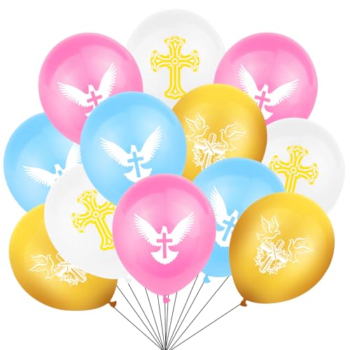 KOBOKO Taufe Deko Kommunion Luftballon, 18 Stk Taufe Luftballons Deko Taufe Mädchen Junge, Taufdeko Ballons Taufe, Taufe Deko Taube Kreuz Muster Helium Ballon für Babyparty, Kommunion, Babyshower Deko von Koboko