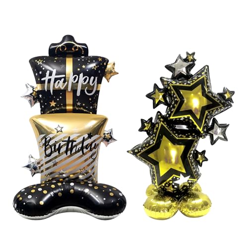 KOBOKO Stehend Folienballons Geburtstag, 2 Stk XXL Happy Birthday Ballon Schwarz Gold, Torten Geburtstagsballons, Helium Ballons Geburtstag Deko, Happy Birthday Ballons für Erwachsene Geburtstags Deko von Koboko