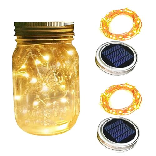 KOBOKO 2 Stück Solar Mason Jar Light Deckel, 3M 30 LED Solarglas Solarleuchten, IP65 Wasserdicht Solarlampen für Außen, Mason Jar Laterne Deckel für Weihnachten Hochzeit Garten Terrasse Tisch Baum von Koboko