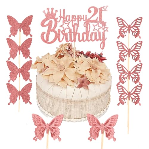 KOBOKO 21 Jahre Alt Cake Topper Geburtstag, 11 StückSchmetterlinge Tortendeko Geburtstag, Schmetterling Happy Birthday Cake Topper, Happy Birthday Tortendeko für Mädchen Frauen (Roségold) von Koboko