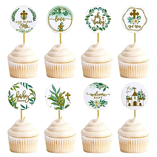 KOBOKO 8 Stück Oh Baby Cake Topper,Oh Baby Dekotortendeko Baby Junge für Babyparty Deko mit Blätter Muster Pflanze Kuchen Topper für Mädchen Jungen Geburtstag(Grün, Golden) von Koboko