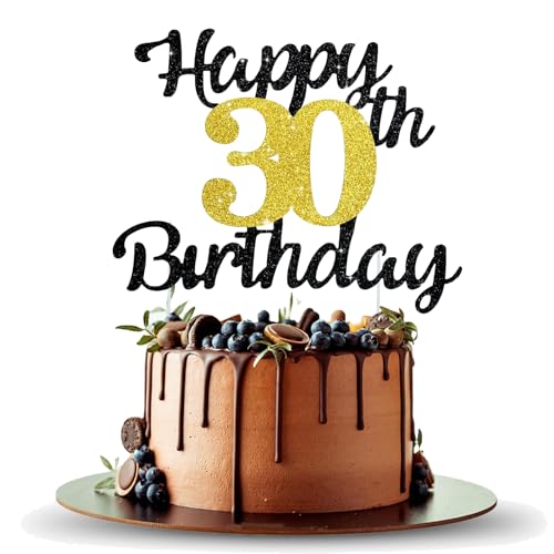 KOBOKO Happy Birthday Tortendeko, 30 Geburtstag Deko, Cake Topper Happy Birthday, Cake Topper Geburtstag, Tortendeko Geburtstag mit Schwarz-Goldener Ziehfahne, Glückwunschkarte zum Geburtstag von Koboko