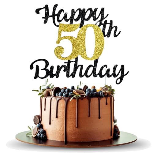 KOBOKO Happy Birthday Tortendeko, 50 Geburtstag Deko, Cake Topper Happy Birthday, Cake Topper Geburtstag, Tortendeko Geburtstag mit Schwarz-Goldener Ziehfahne, Glückwunschkarte zum Geburtstag von Koboko