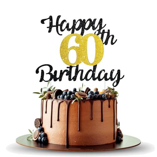 KOBOKO Happy Birthday Tortendeko, 60 Geburtstag Deko, Cake Topper Happy Birthday, Cake Topper Geburtstag, Tortendeko Geburtstag mit Schwarz-Goldener Ziehfahne, Glückwunschkarte zum Geburtstag von Koboko