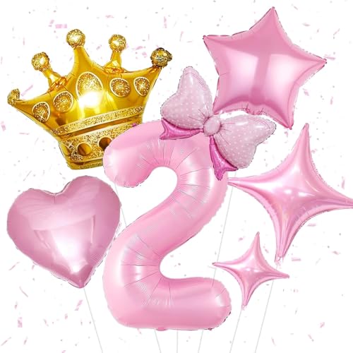 KOBOKO Luftballon 2. Geburtstag Rosa, 9 Stk Ballon 2 Geburtstag Mädchen, Schleife Luftballons Geburtstagsdeko 2 Jahre Mädchen, Gold Krone Folienballon Zahl 2 Helium Ballons Rosa, Stern Party Ballon von Koboko