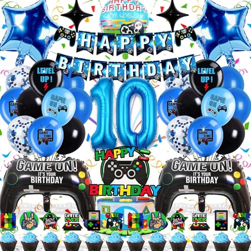KOBOKO Videospiel Deko 10 Geburtstag Junge, Gaming Deko Luftballon 10. Geburtstag, Geburtstagsdeko 10 Jahre Junge, Gamer Deko Blau Luftballon 10 Jahre Jungen Tortendeko, Gamecontroller Ballon 10 Jahr von Koboko