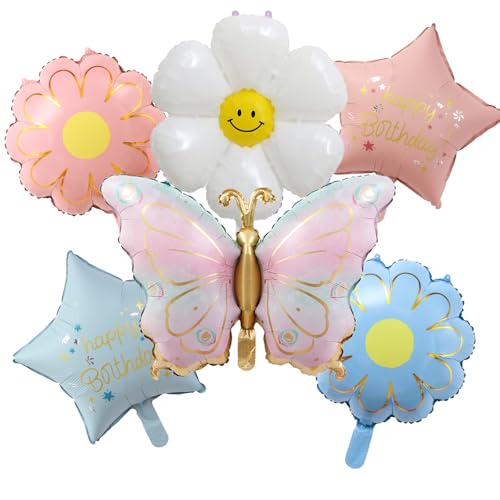KOBOKO Geburtstagsballon-Set mit Schmetterling, Gänseblümchen und Sternballons, Rosa und Blau, 6-teilig KOBOKO Geburtstagsballon-Set mit Schmetterling, Gänseblümchen und Sternballons, Rosa und Blau, 6-teilig von Koboko