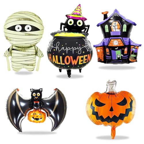 KOBOKO Halloween Deko Folienballon, 5 Stück Halloween Luftballons, Fledermaus Deko Halloween Kürbis Balloons, Hexe Spinne Ballons Halloween Party Deko, Geist Ballon für Geburtstag Deko Kinder Zubehör von Koboko