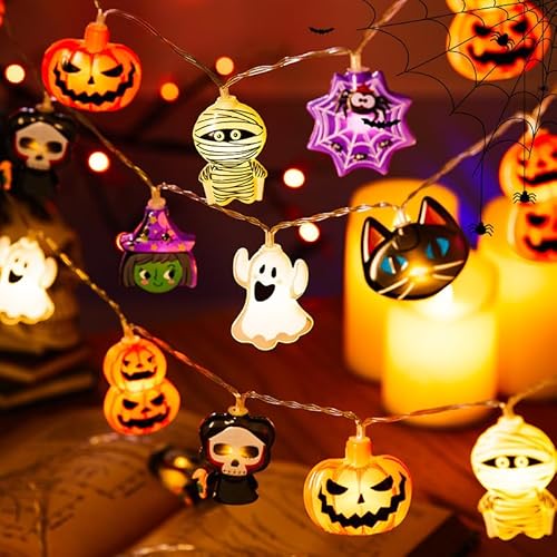 KOBOKO Halloween Deko Lichterkette,1,5M 10 LED Lichterketten Halloween Hexen Spinnennetze Geister Kürbis,Lichterkette Batteriebetrieben,Dekorative Lichter für Party,Veranda,Fenster,Innen Dekoration von Koboko